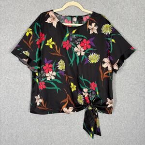 Worthington Blouse Women XL Black Floral Satin Tie Dark Moody Flowy Cottage Boho